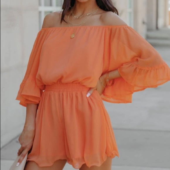 Vici 🍊Endless Rose Definitely Demure Orange Off the Shoulder Romper Sz XS - NWT - Picture 2 of 6